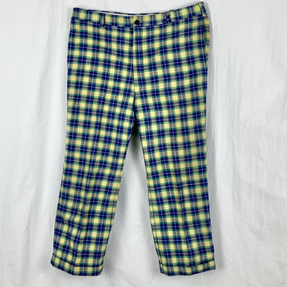 Vintage 1970s Madras Golf Pants 36 X 24 Blue Green Yellow Plaid Excellent Preppy